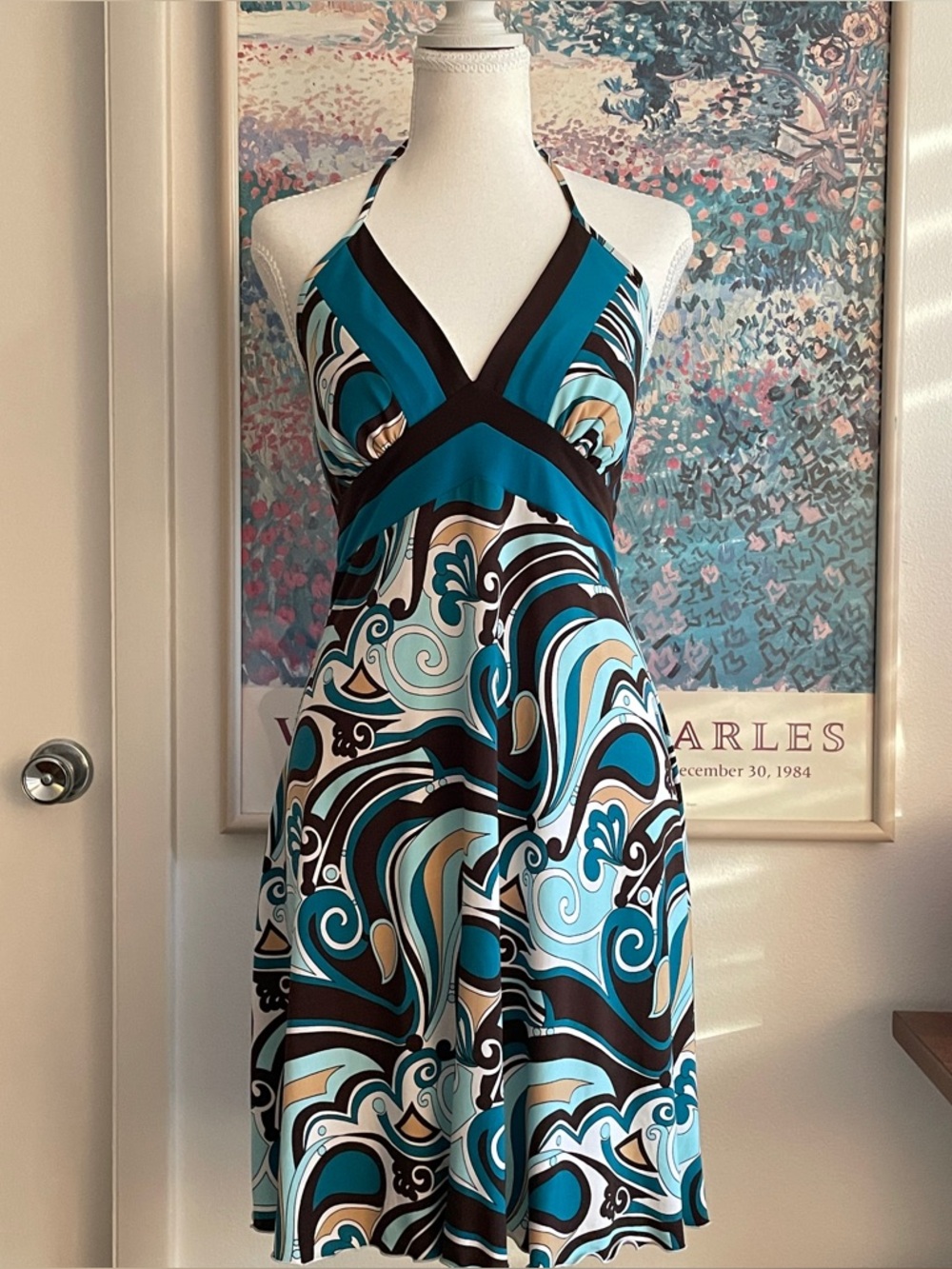 Vintage Y2K La Belle Halter Dress Sz M V-Neck Turquoise Brown Paisley Fairy Boho